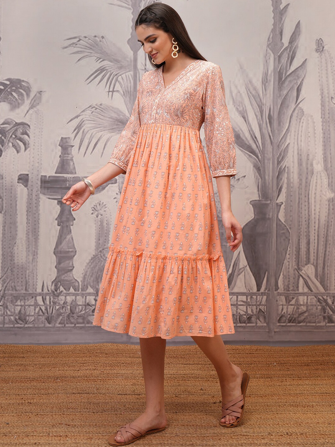 

Vishudh Peach-Coloured Floral Print V-Neck Cotton A-Line Midi Dress