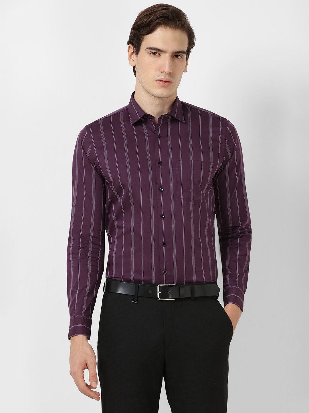 

Van Heusen Striped Spread Collar Long Sleeves Slim Fit Cotton Formal Shirt, Purple
