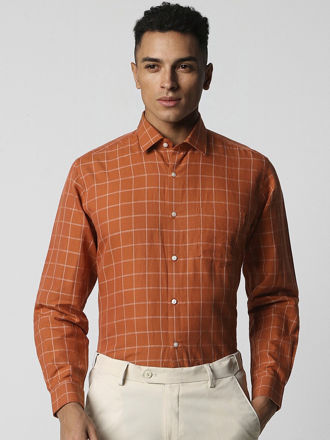 

Van Heusen Windowpane Checks Spread Collar Opaque Formal Shirt, Orange