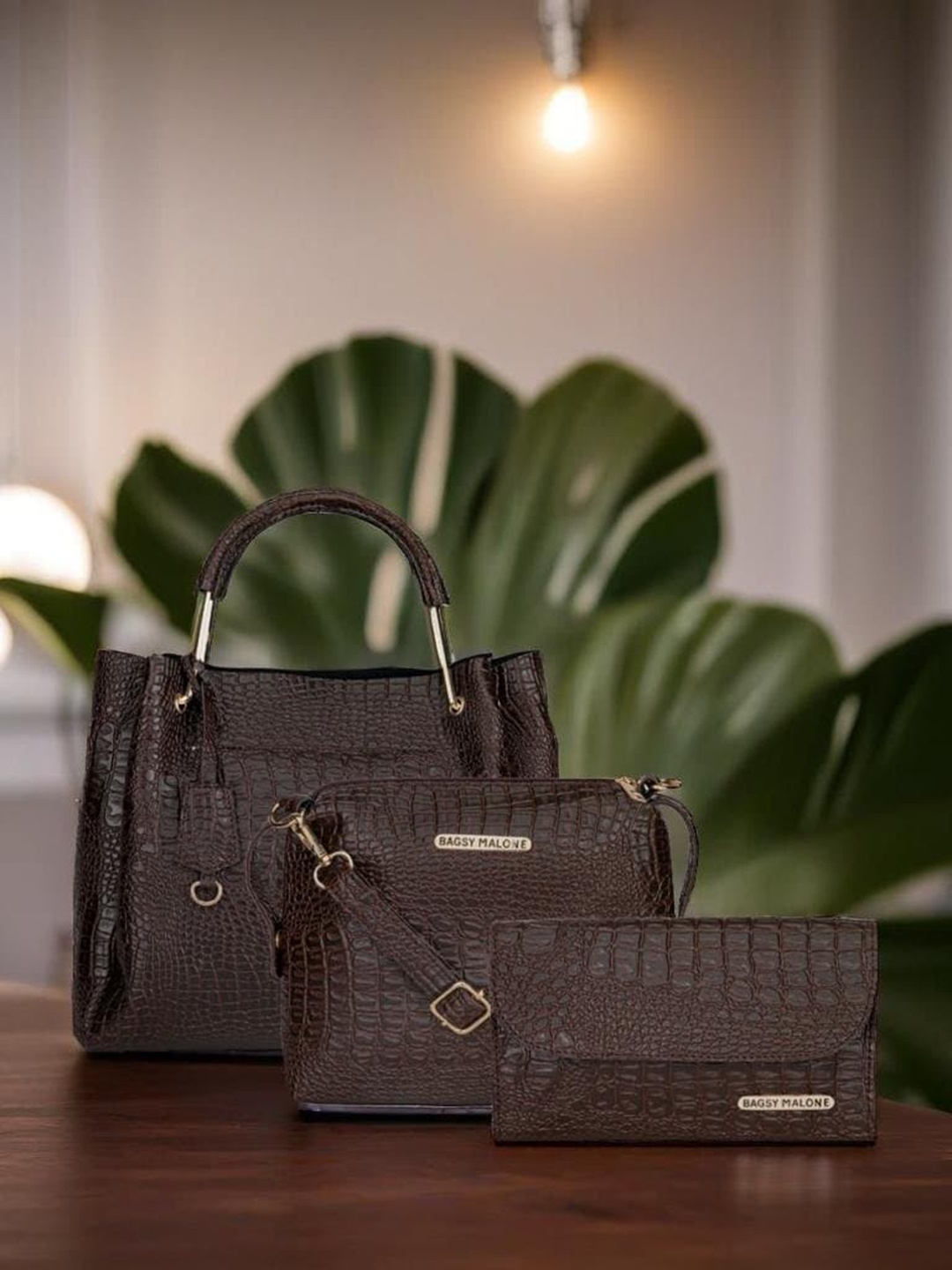 Bagsy Malone Set Of 3 Animal Textured Structured Handheld Bags, Brown