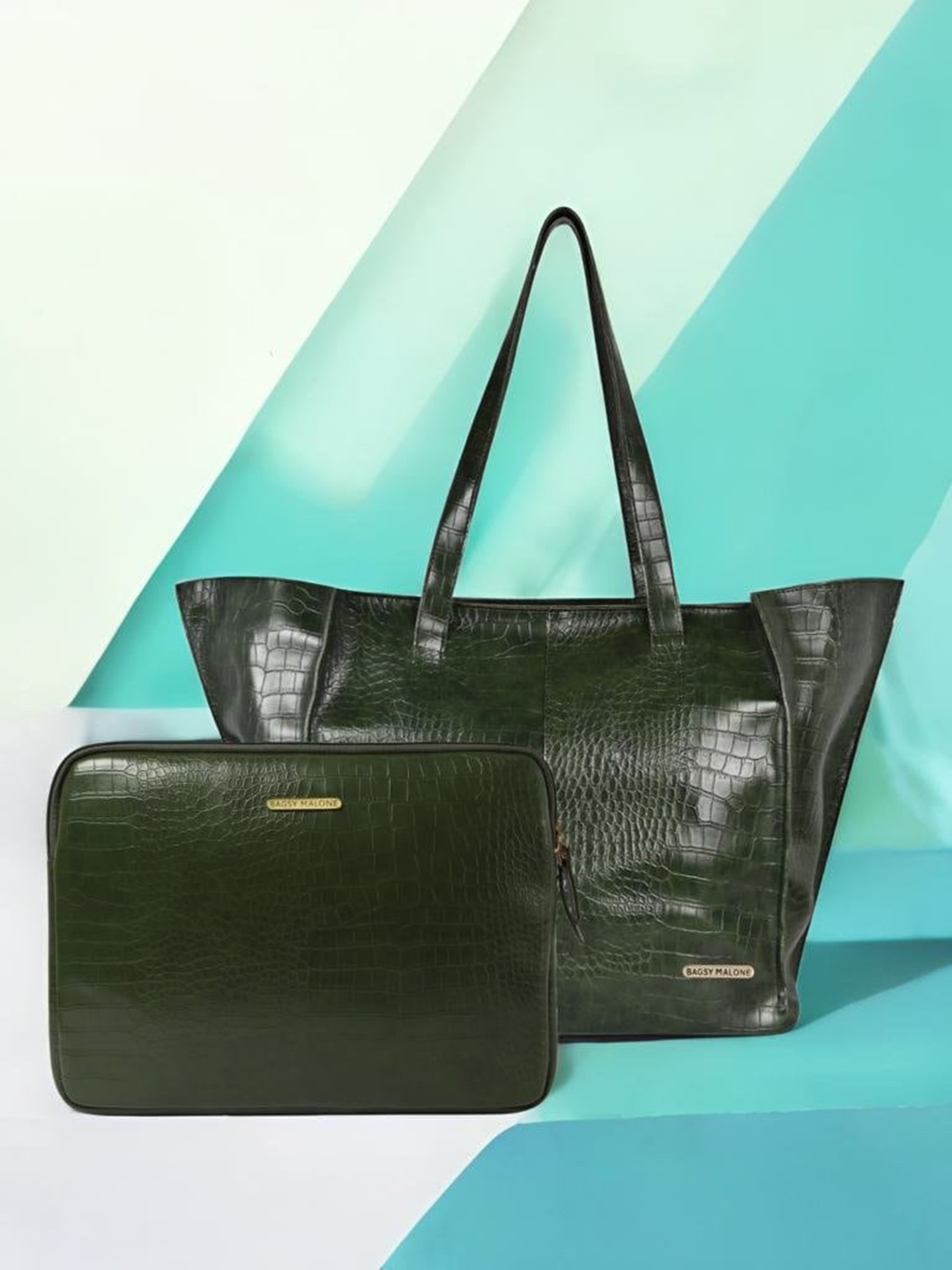 

Bagsy Malone Textured Structured Vegan Leather Tote Bag With Laptop Sleeve, Olive