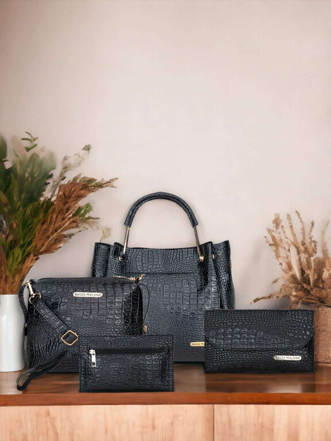 

Bagsy Malone Set Of 4 Animal Textured Swagger Bags, Black