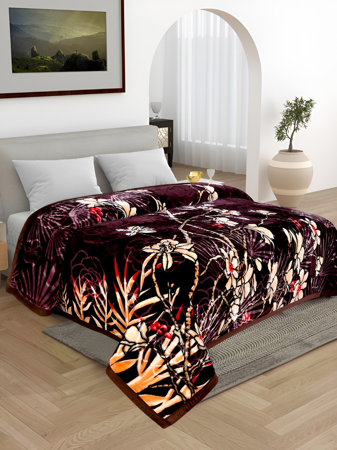 

WINSTON HOME Purple & White Floral Microfiber Heavy Winter 600 GSM Double Bed Blanket