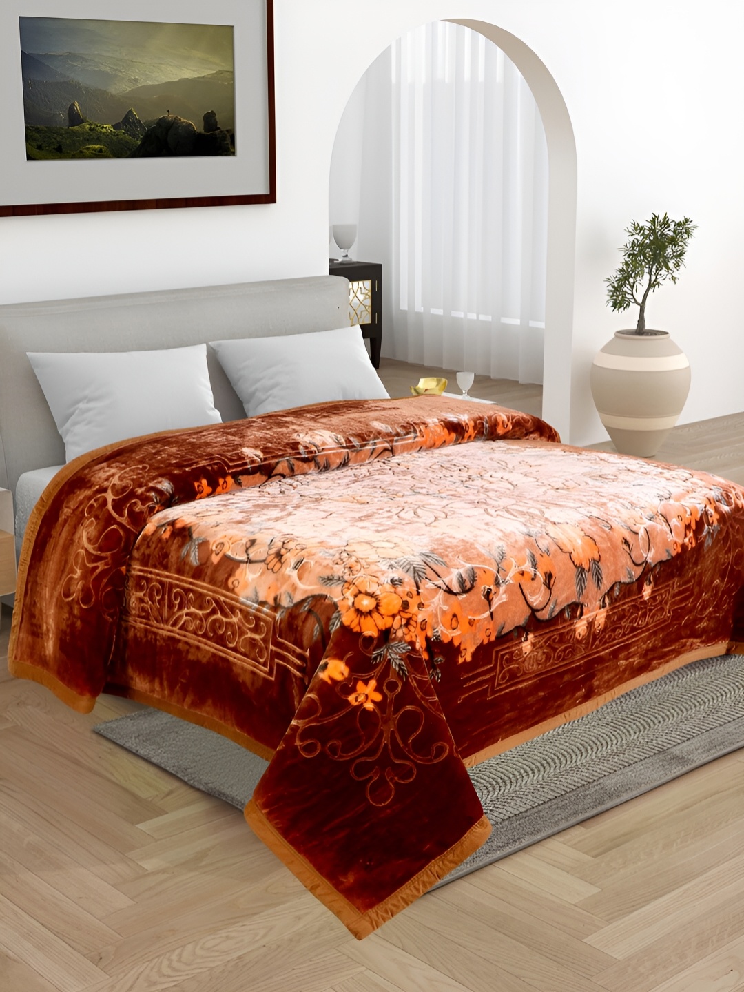

WINSTON HOME Brown & Orange Floral Microfiber Heavy Winter 600 GSM Double Bed Blanket