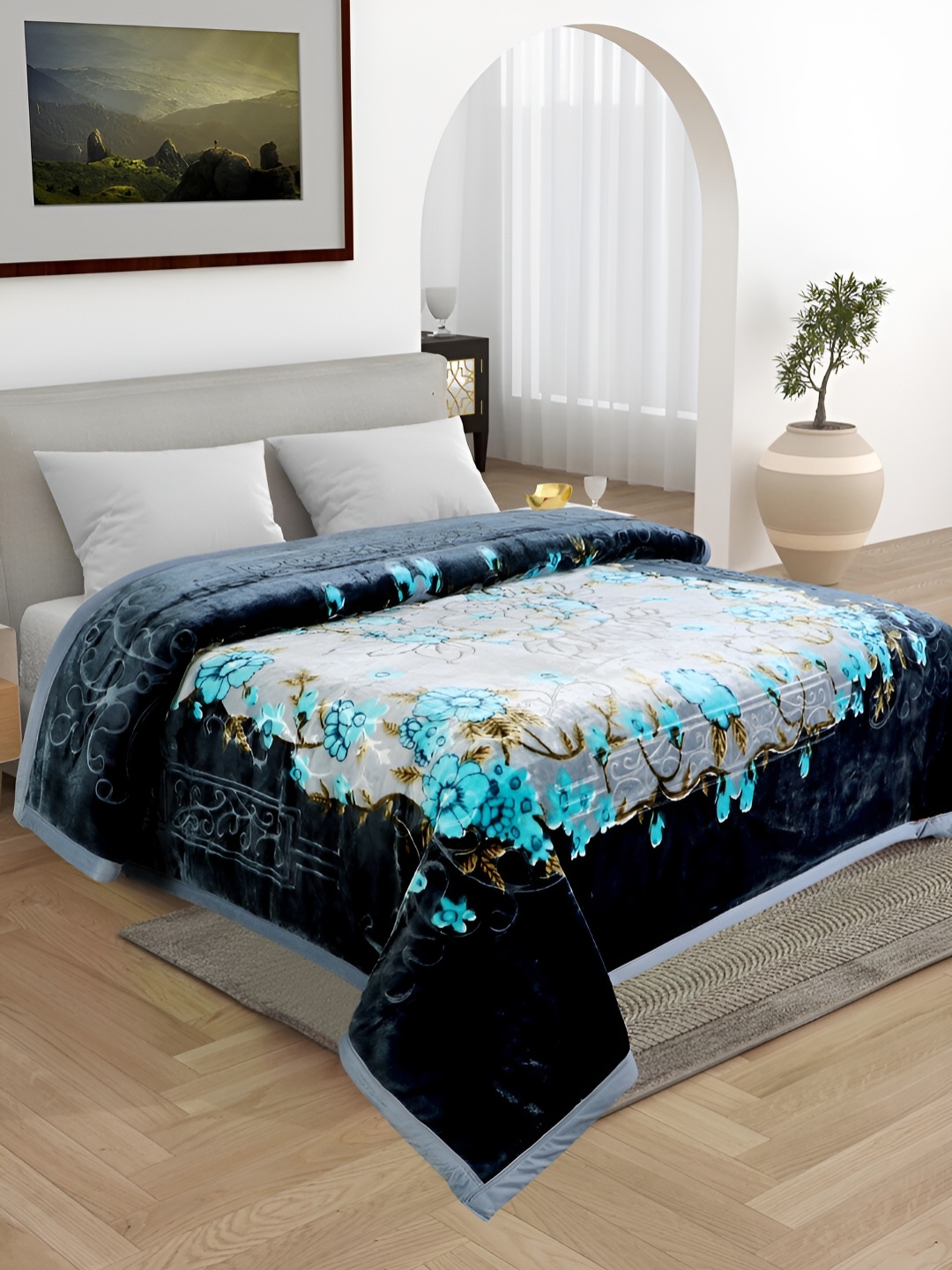 

WINSTON HOME Blue & White Floral Microfiber Heavy Winter 600 GSM Double Bed Blanket