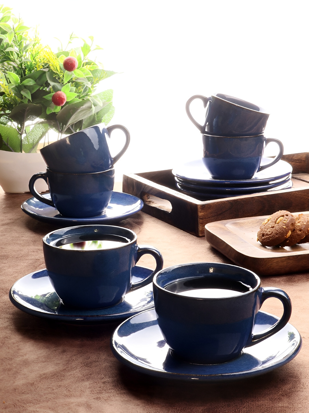

Aura Blue 12 Pieces Ceramic Glossy Cup Saucer Set