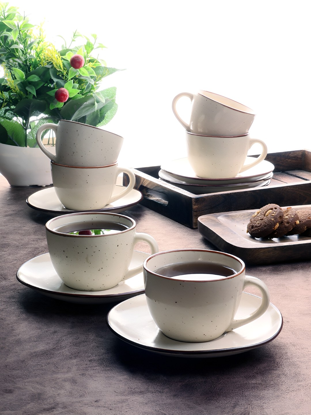 

Aura Cream-Coloured & Brown 12 Pieces Ceramic Glossy Cup & Saucer Set