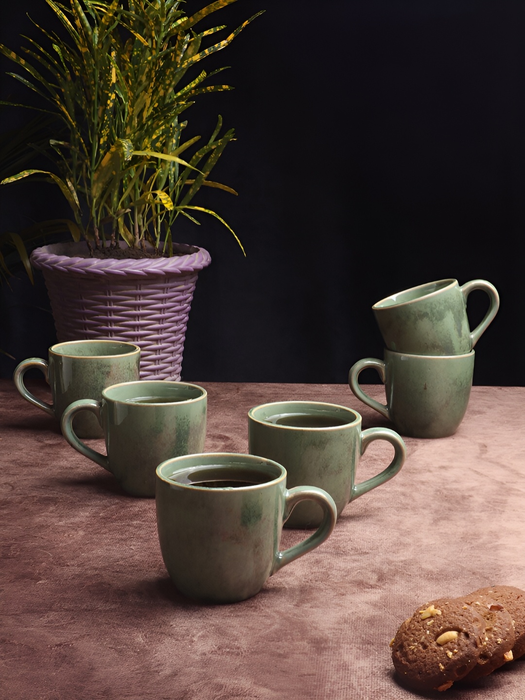

Aura Green Textured 6 Pieces Ceramic Glossy Mugs