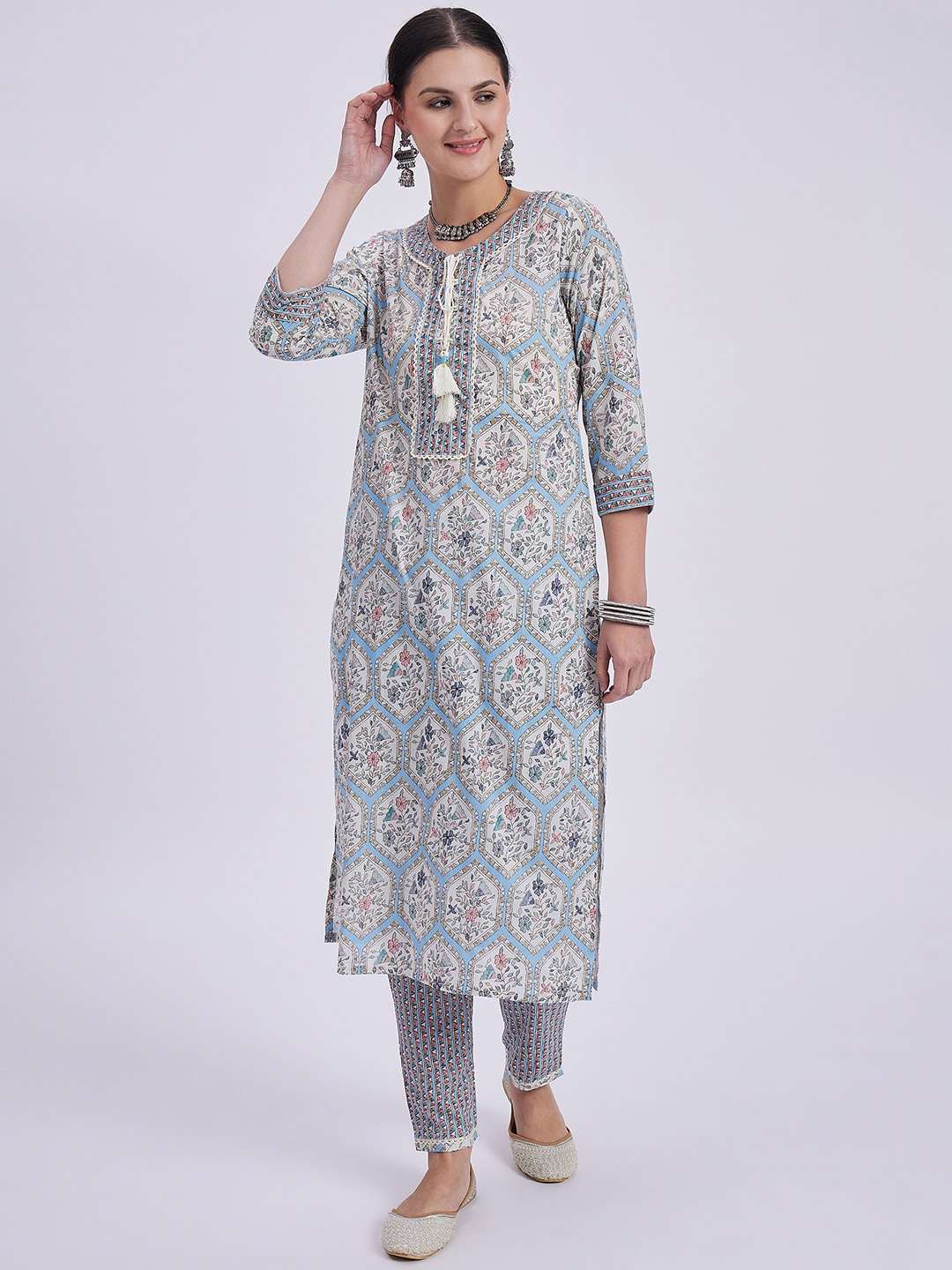 

Knitstudio Ethnic Motifs Printed Regular Kurti with Trousers, Blue