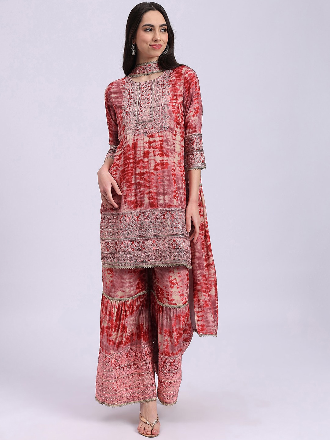 

Knitstudio Embroidered Regular Mukaish Kurti with Sharara & Dupatta, Red