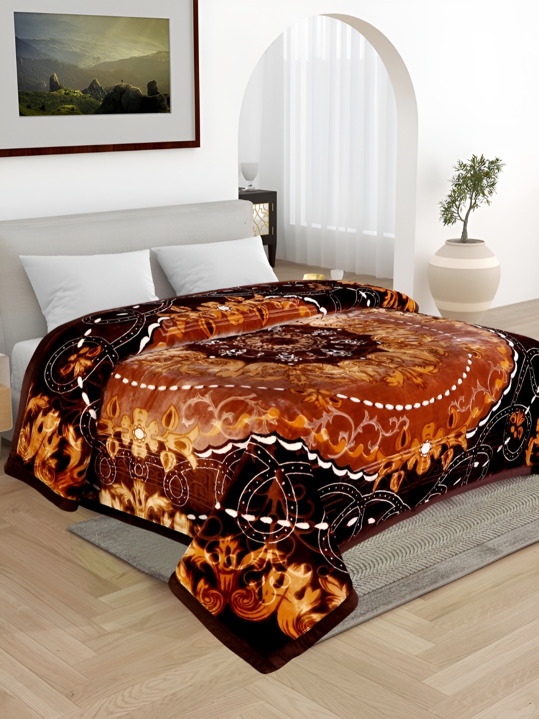 

ELSTONE HOME Black & Brown Floral Printed Heavy Winter 600 GSM Double Bed Blanket