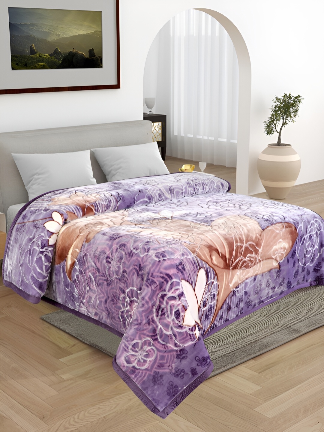 

ELSTONE HOME Purple & White Floral Printed Heavy Winter 600 GSM Double Bed Blanket