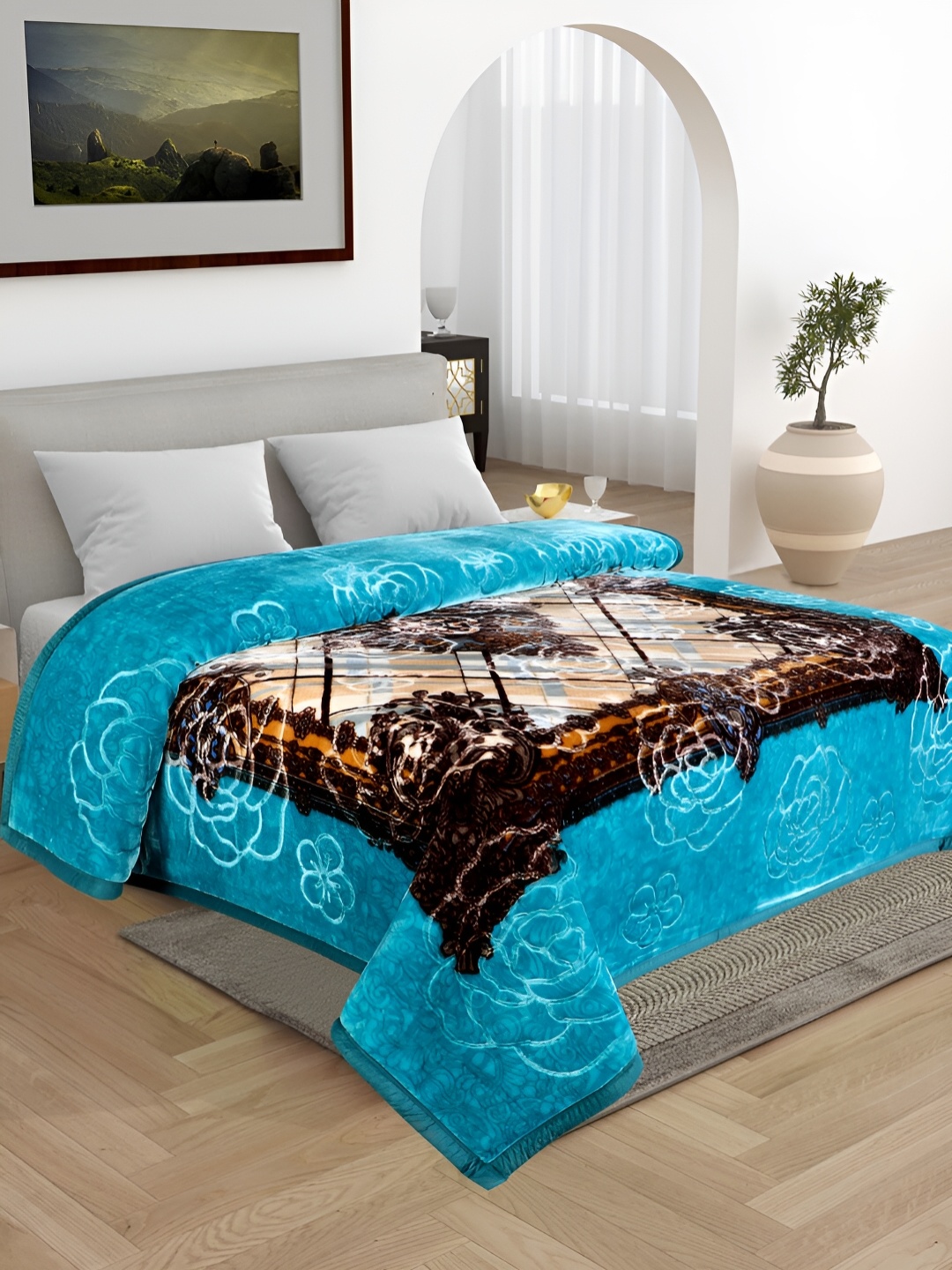 

ELSTONE HOME Blue & Brown Floral Printed Heavy Winter 600 GSM Double Bed Blanket