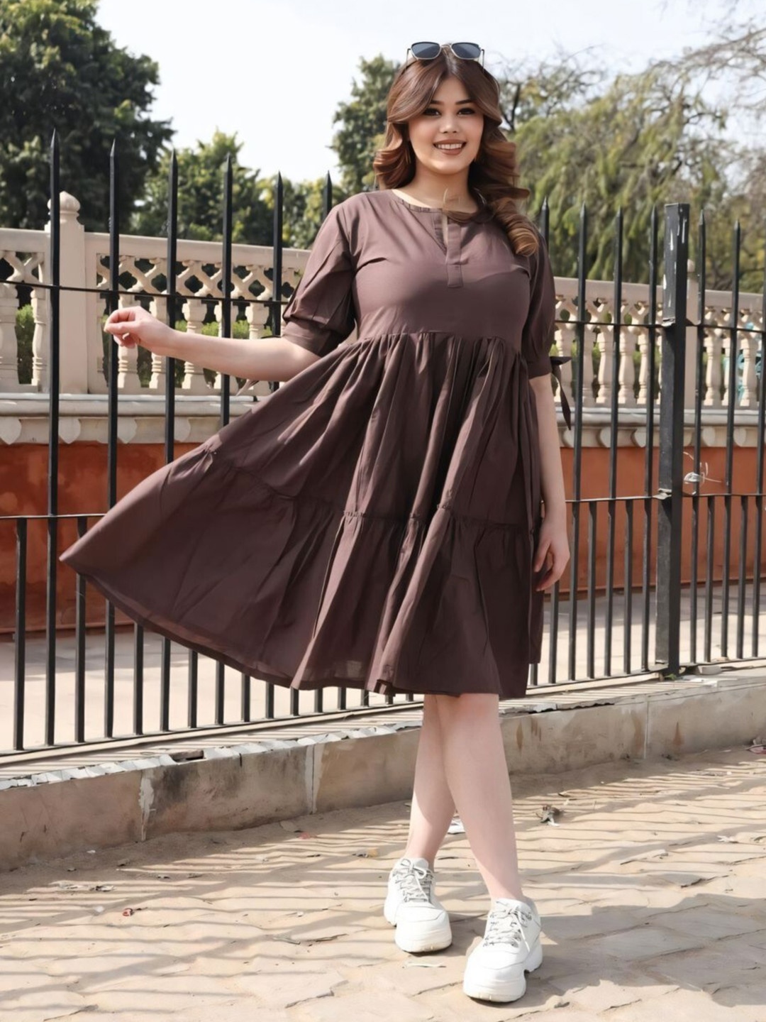 

Swadeshi Shringaar Pure Cotton Tiered Fit & Flare Dress, Brown