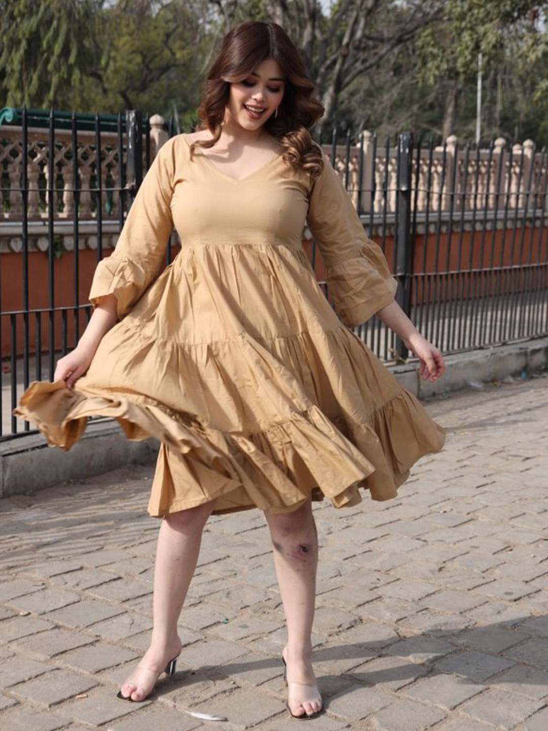 

Swadeshi Shringaar Plus Size Pure Cotton Tiered A-Line Dress, Beige