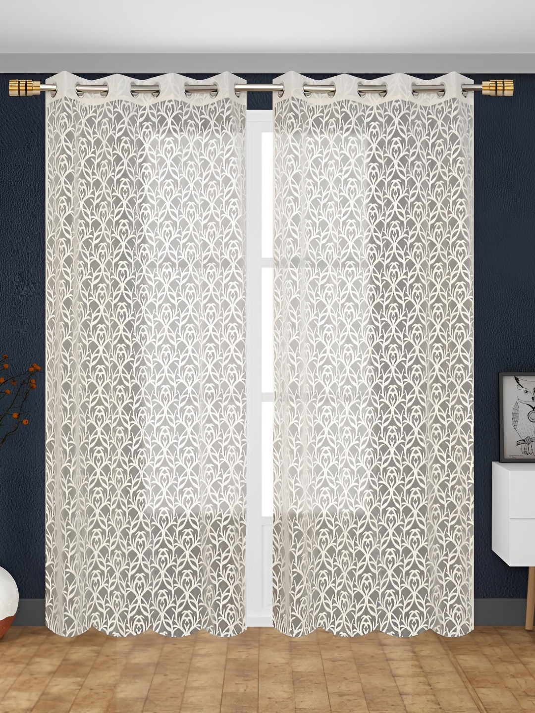 

RIDHAAN Cream-Coloured Floral Sheer Long Door Curtain
