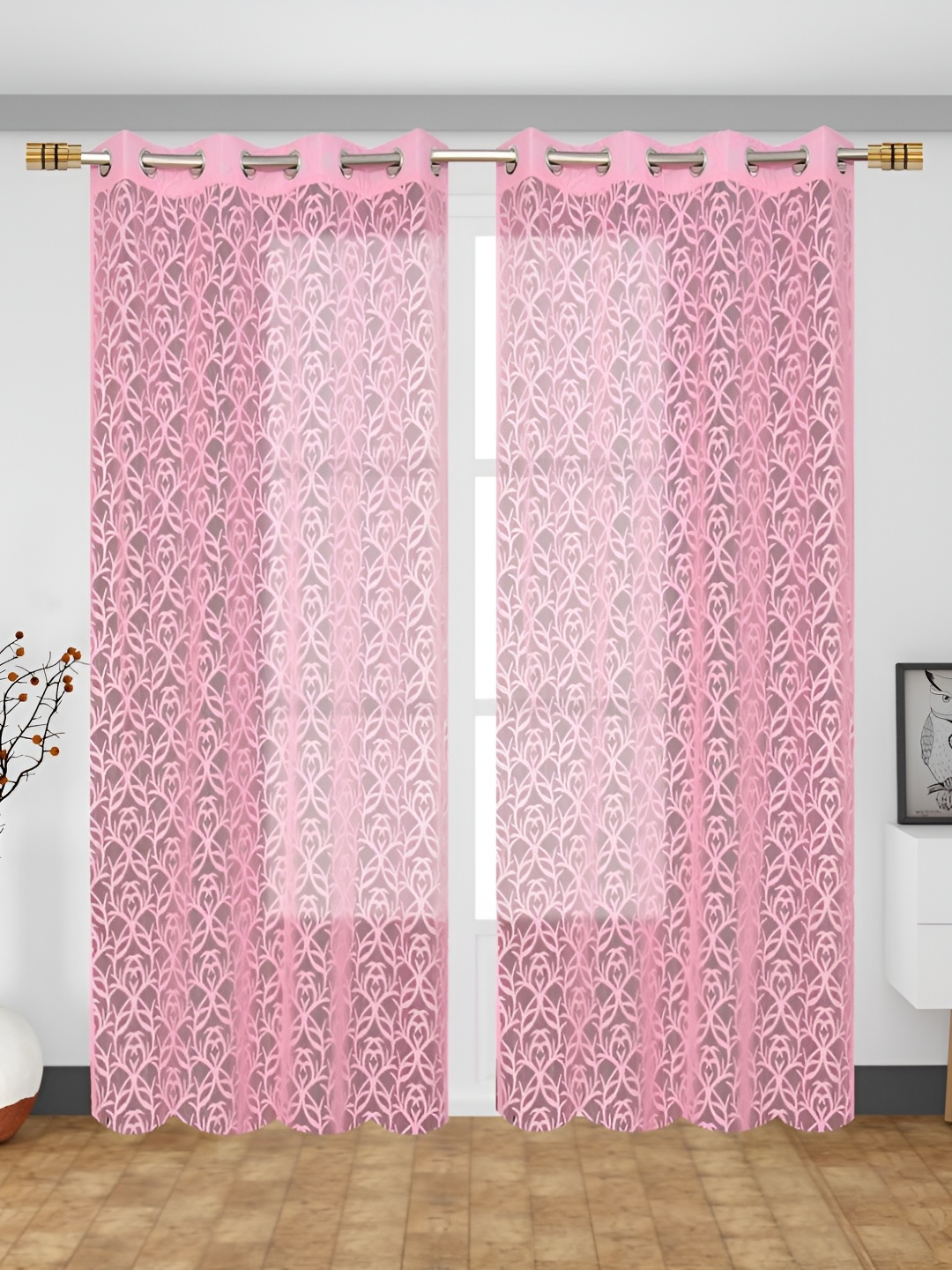 

RIDHAAN Pink 2 Pcs Floral Sheer Long Door Curtains