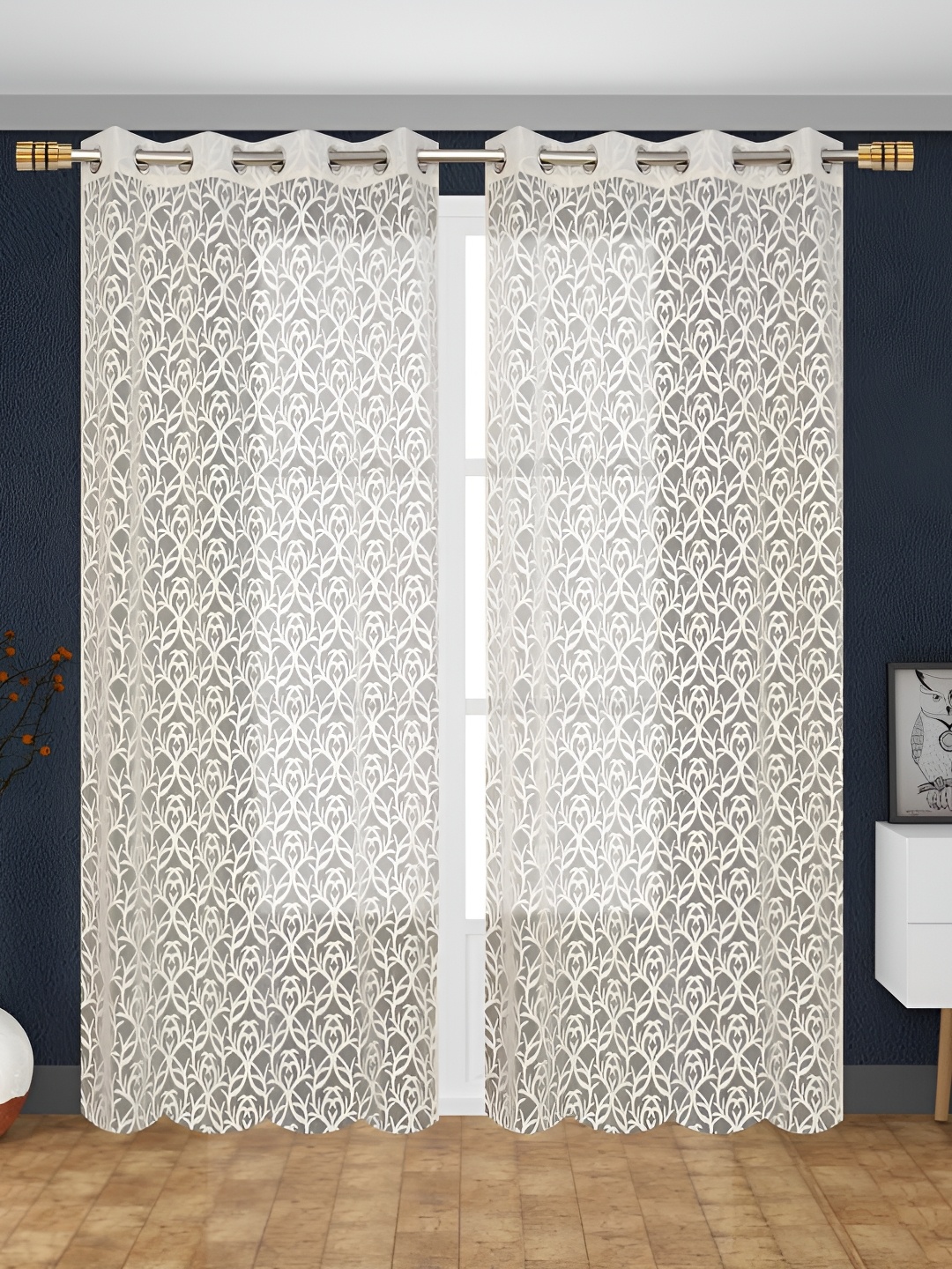 

RIDHAAN Cream-Coloured 2 Pcs Floral Sheer Eyelet Long Door Curtains