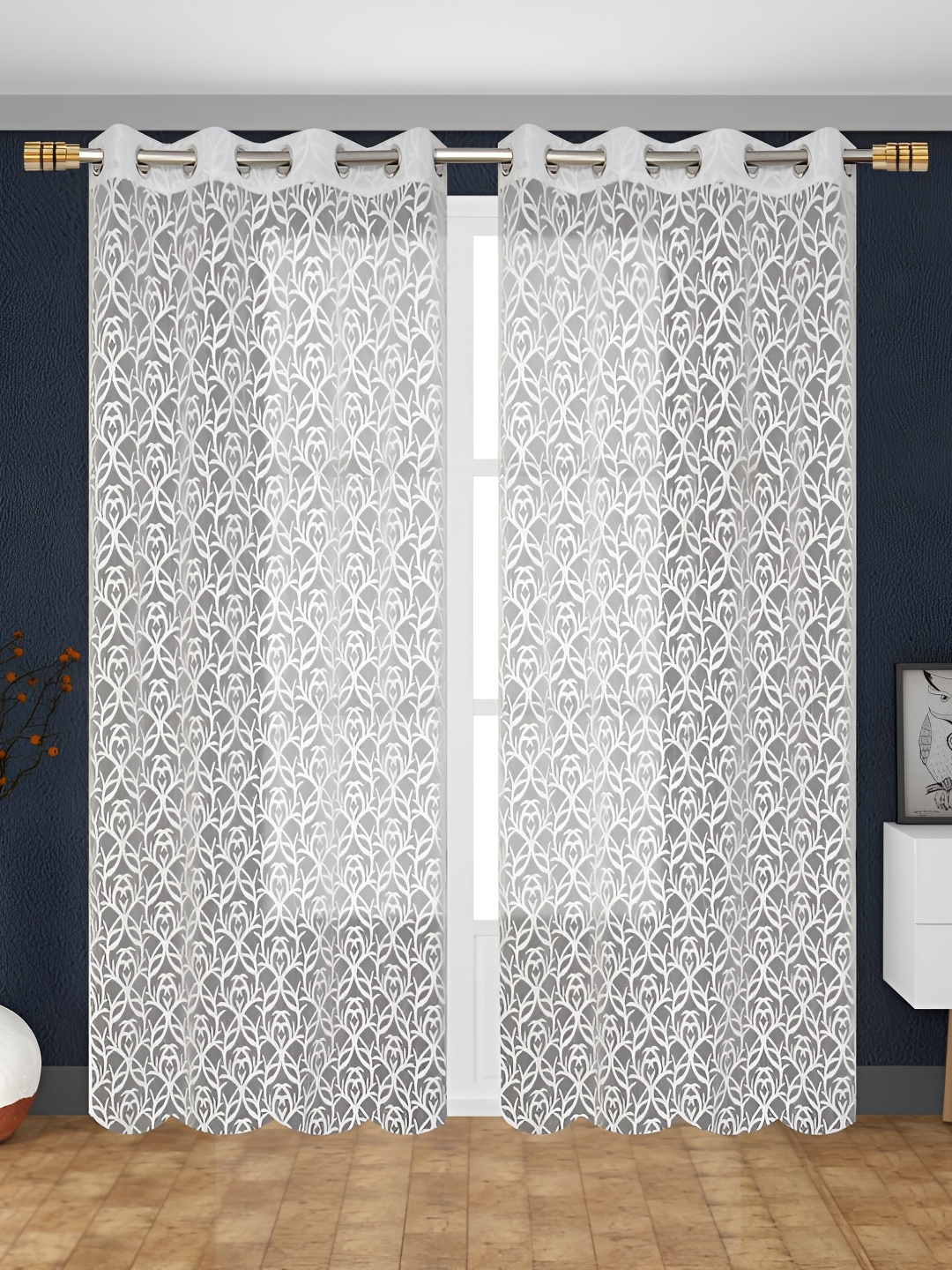 

RIDHAAN White 2 Pieces Floral Sheer Door Curtains