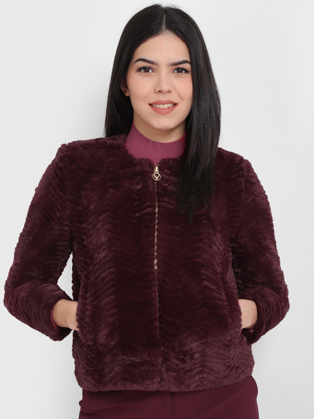 

Allen Solly Woman Self Design Collarless Tailored Jacket, Maroon