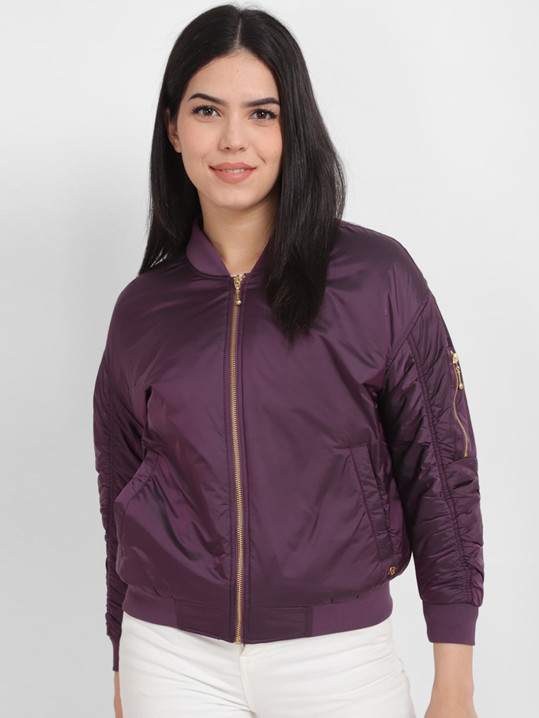 

Allen Solly Woman Stand Collar Bomber Jacket, Purple