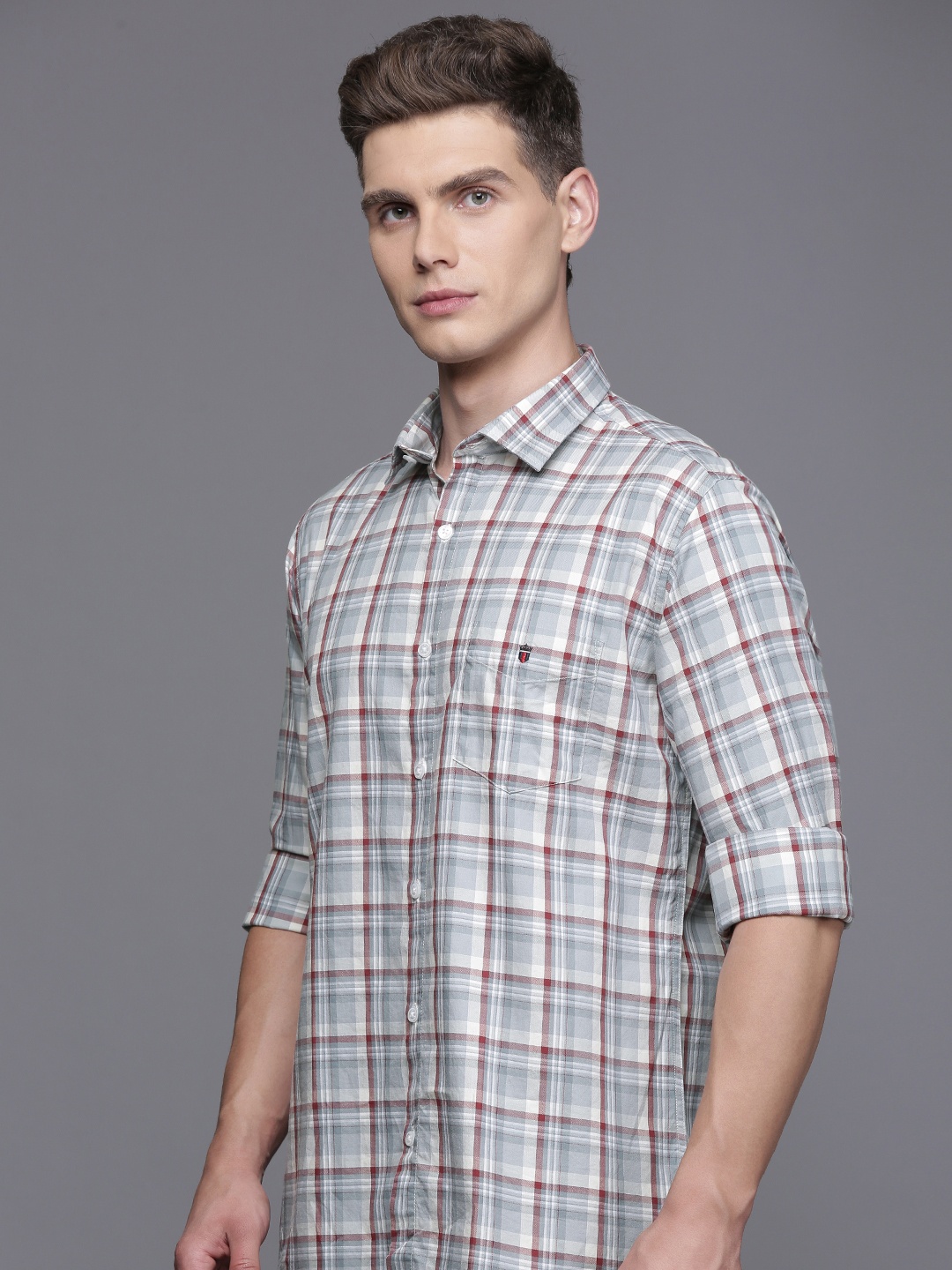 

Louis Philippe Sport Pure Cotton Slim Fit Checked Casual Shirt, Grey