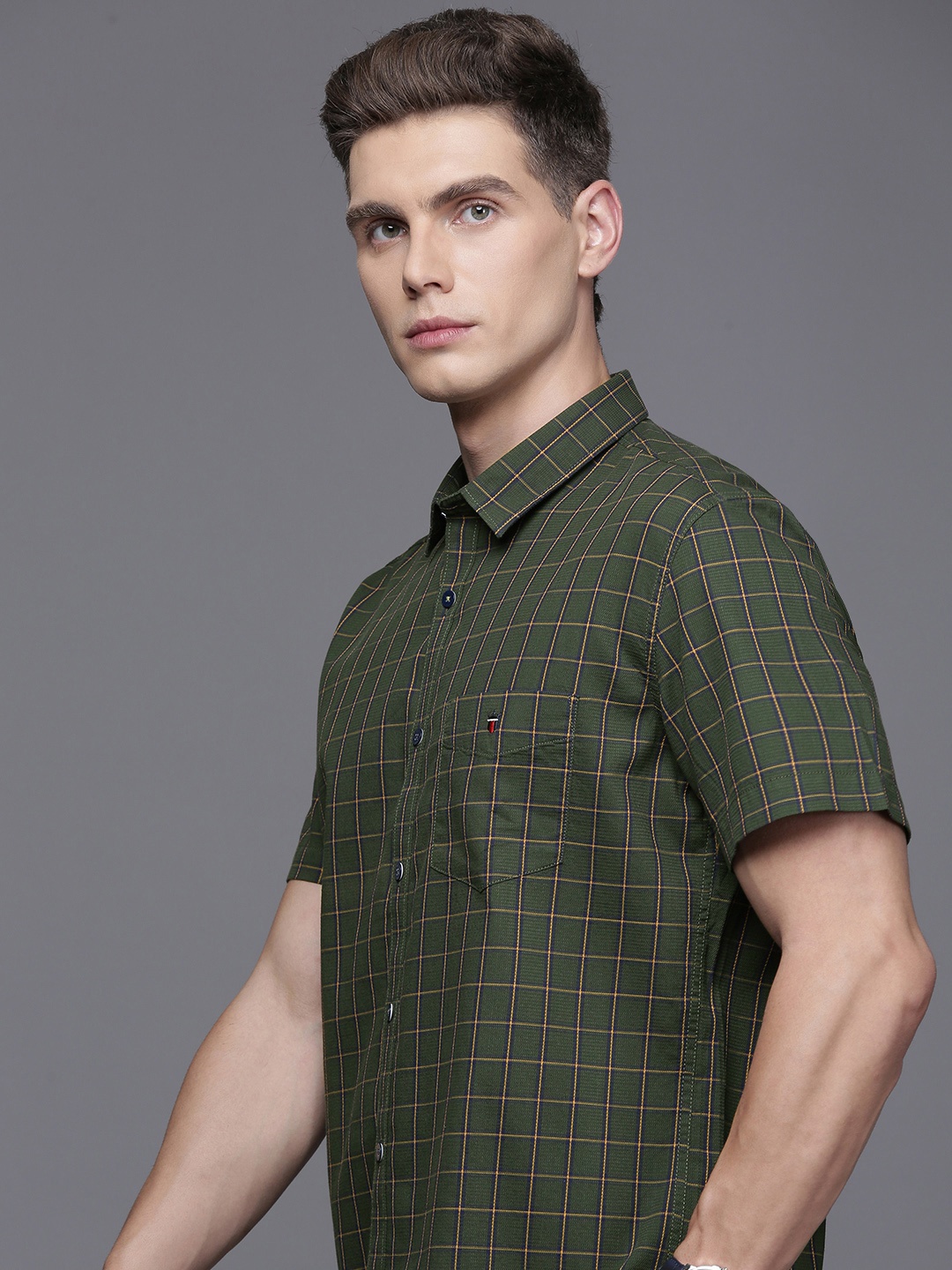 

Louis Philippe Sport Pure Cotton Slim Fit Opaque Checked Casual Shirt, Olive