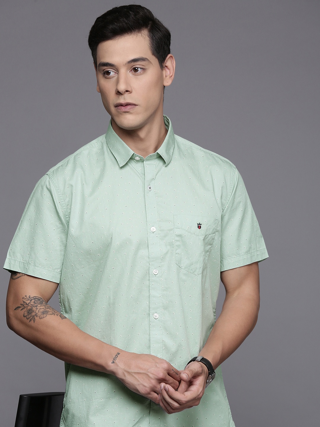 

Louis Philippe Sport Slim Fit Micro Ditsy Printed Pure Cotton Shirt, Green