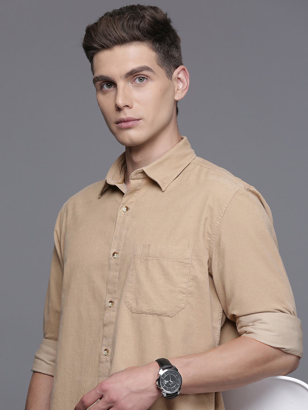 

Louis Philippe Sport Corduroy Slim Fit Opaque Casual Shirt, Beige
