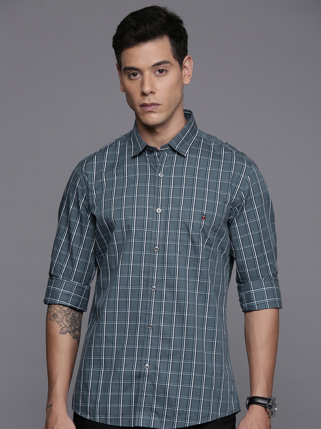 

Louis Philippe Sport Slim Fit Checks Pure Cotton Shirt, Grey