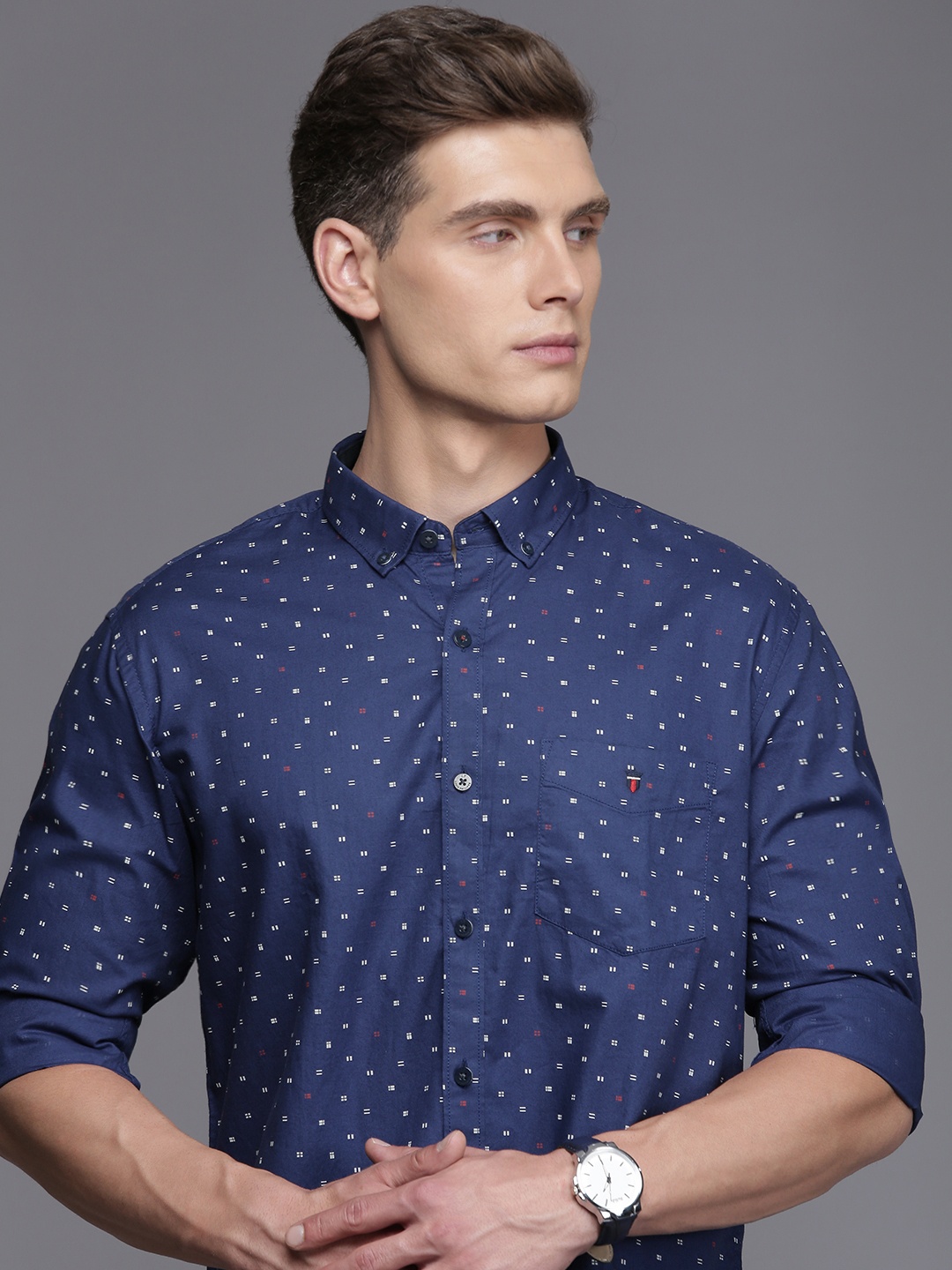 

Louis Philippe Sport Slim Fit Ditsy Geometric Printed Pure Cotton Shirt, Blue