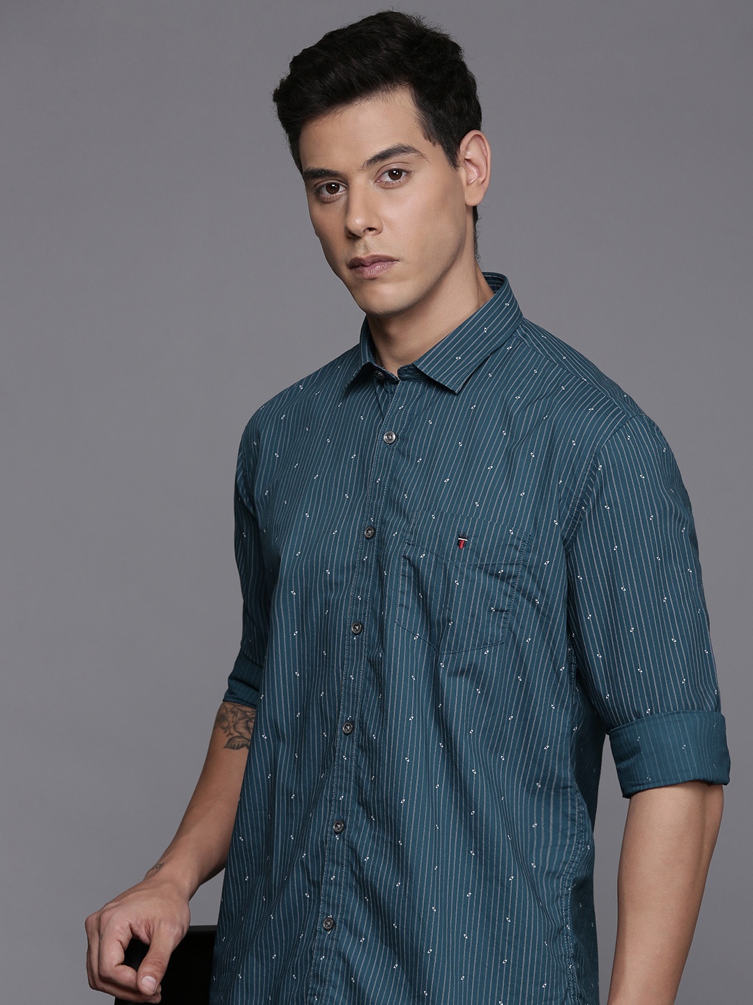 

Louis Philippe Sport Slim Fit Micro Ditsy Printed Pure Cotton Shirt, Teal