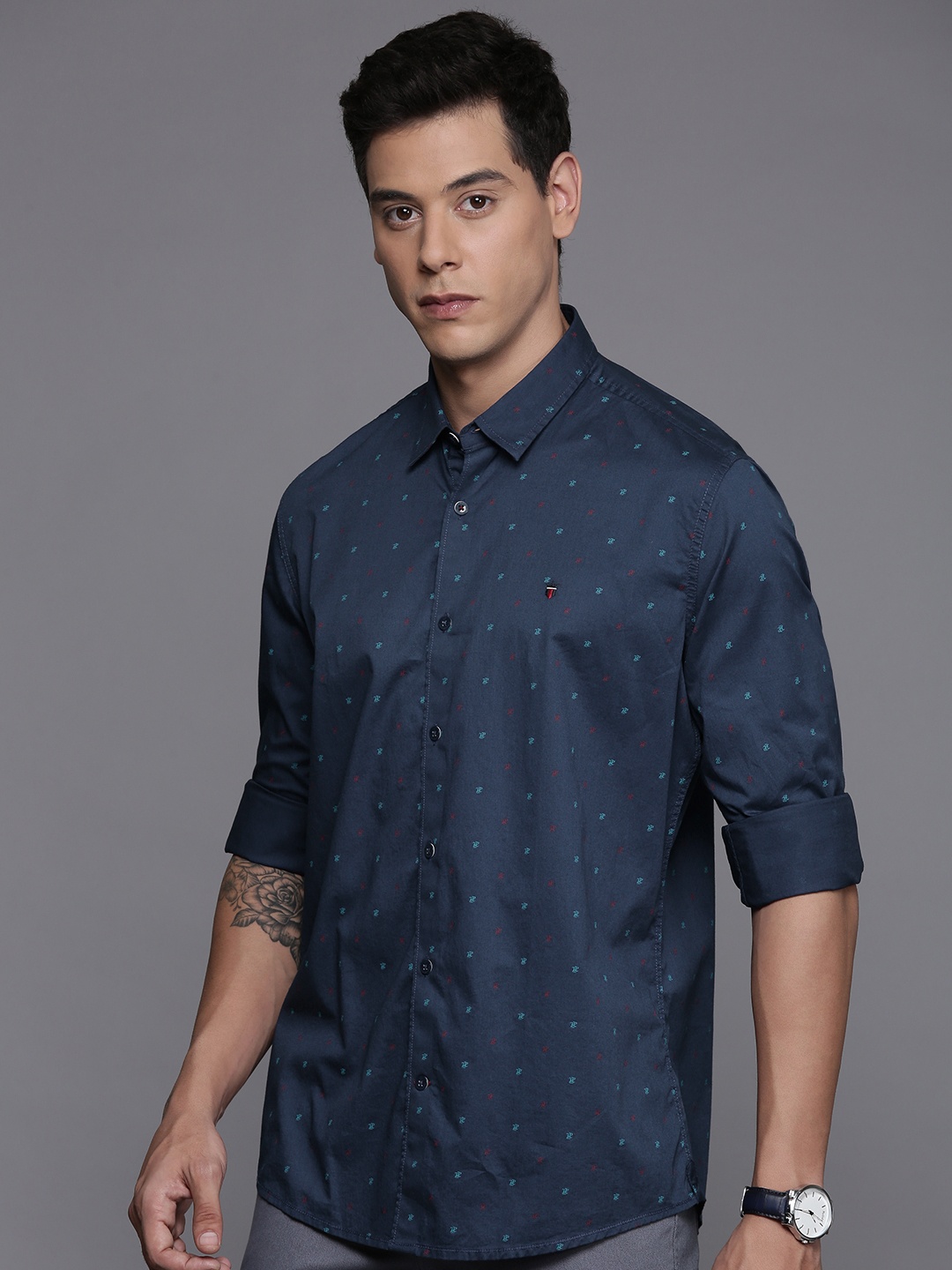 

Louis Philippe Sport Men Slim Fit Pure Cotton Printed Casual Shirt, Navy blue