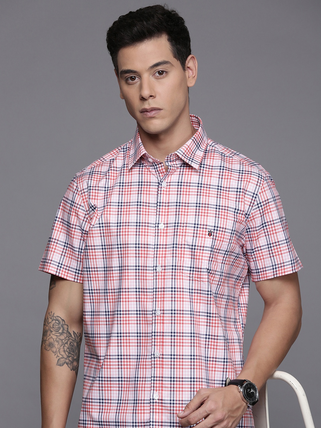 

Louis Philippe Sport Slim Fit Plaid Checks Pure Cotton Shirt, Pink