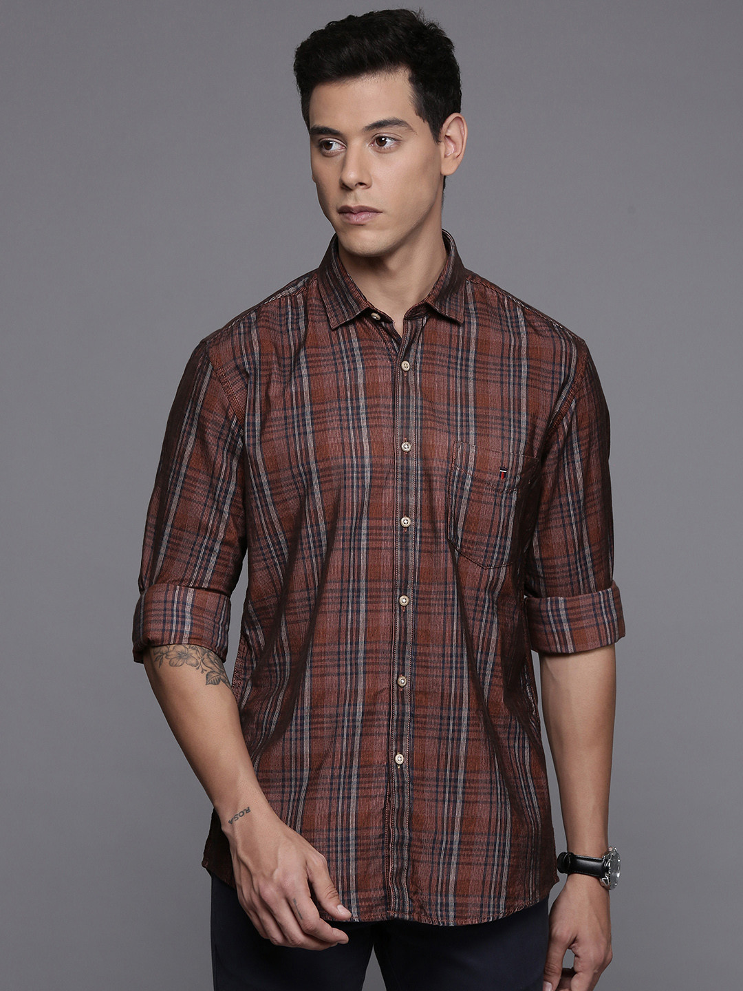 

Louis Philippe Sport Slim Fit Plaid Checks Pure Cotton Shirt, Brown