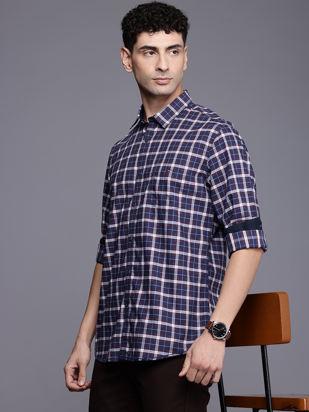 

Louis Philippe Sport Pure Cotton Slim Fit Opaque Checked Casual Shirt, Navy blue