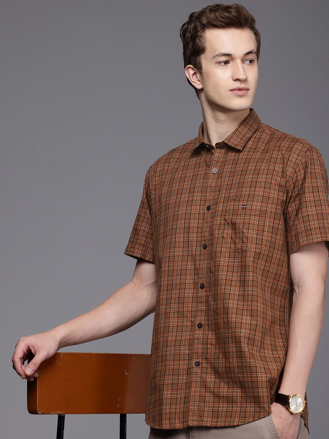 

Louis Philippe Sport Pure Cotton Slim Fit Checked Casual Shirt, Brown