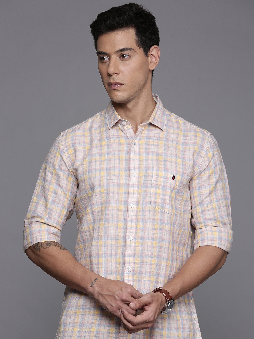 

Louis Philippe Sport Slim Fit Tartan Checks Opaque Checked Casual Shirt, Nude