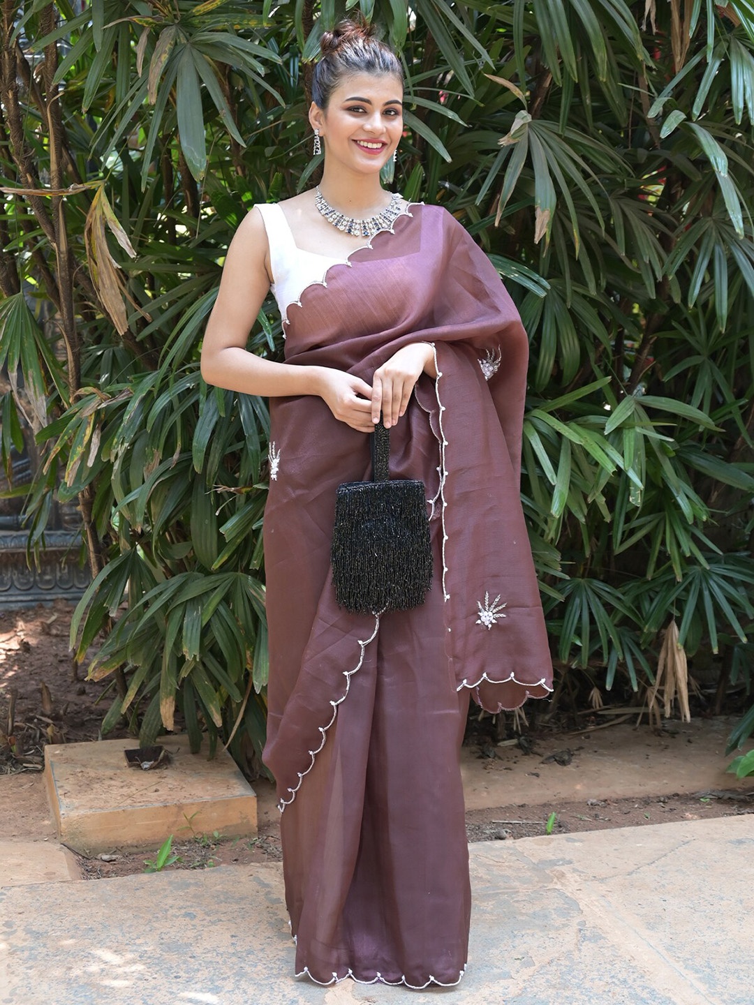 

ODETTE Beads And Stones Embellished Organza Khadi Saree, Brown