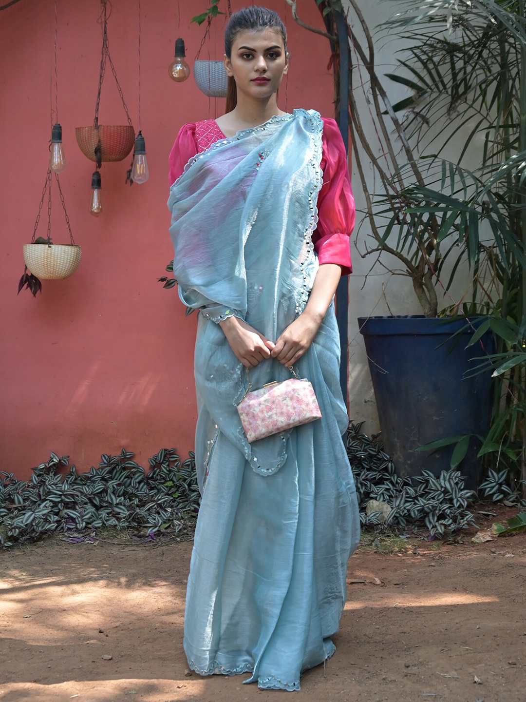 

ODETTE Mirror Work Embroidered Organza Saree, Blue