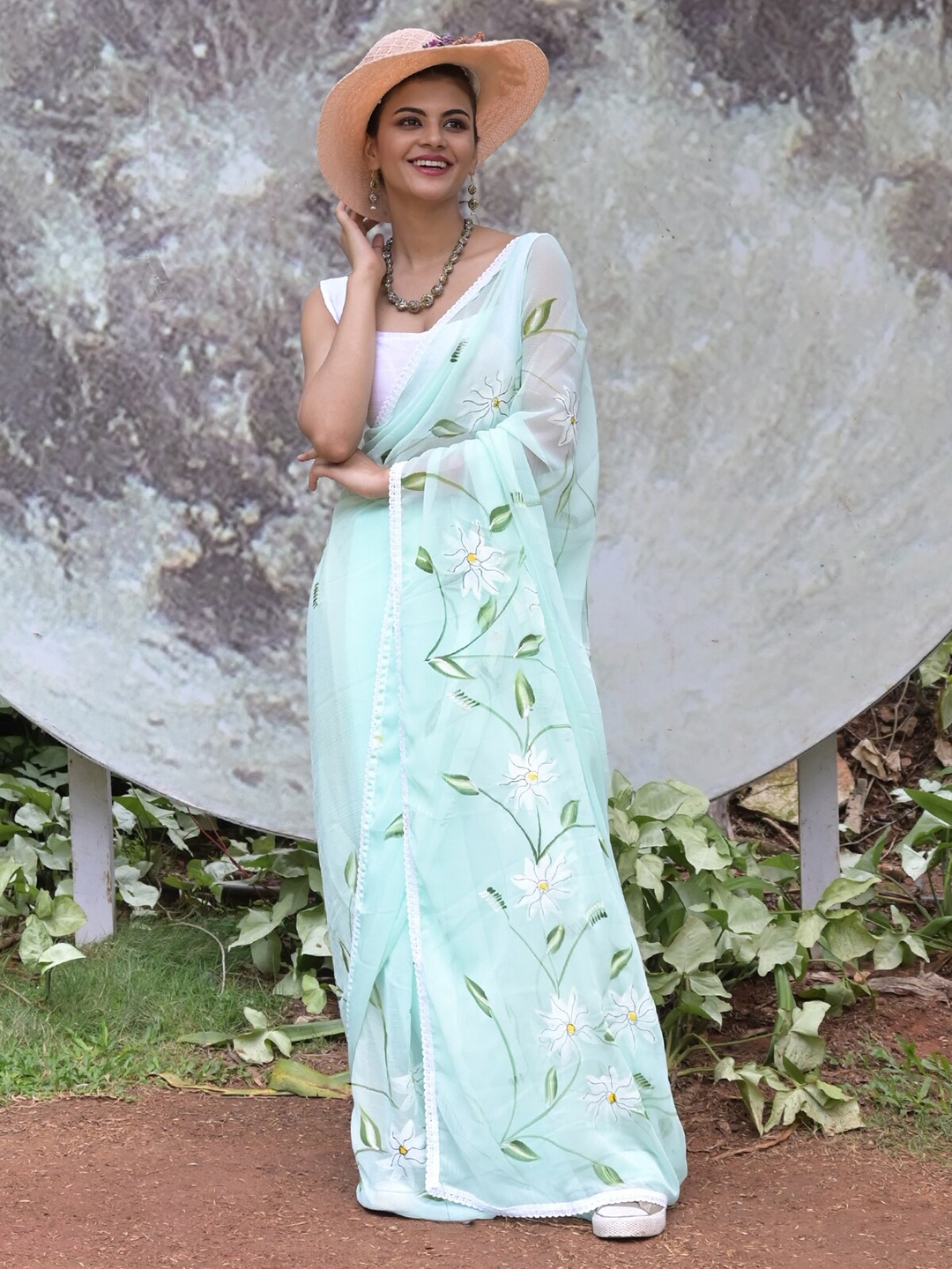 

ODETTE Floral Printed Saree, Sea green