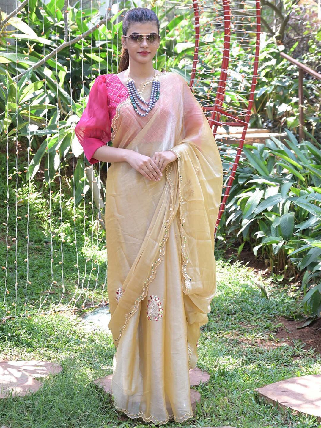 

ODETTE Embroidered Embellished Mirror Work Organza Saree, Beige