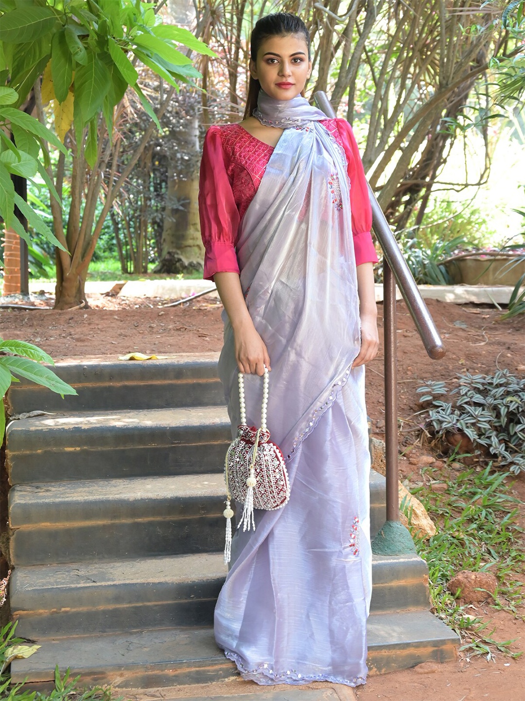 

ODETTE Beads And Stones Embellished Organza Saree, Purple