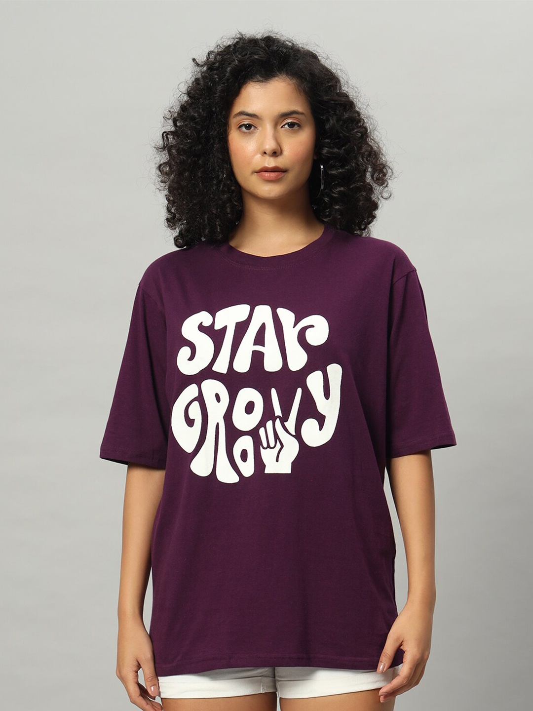 

Funday Fashion Typography Printed Round Neck Applique Cotton T-shirt, Purple