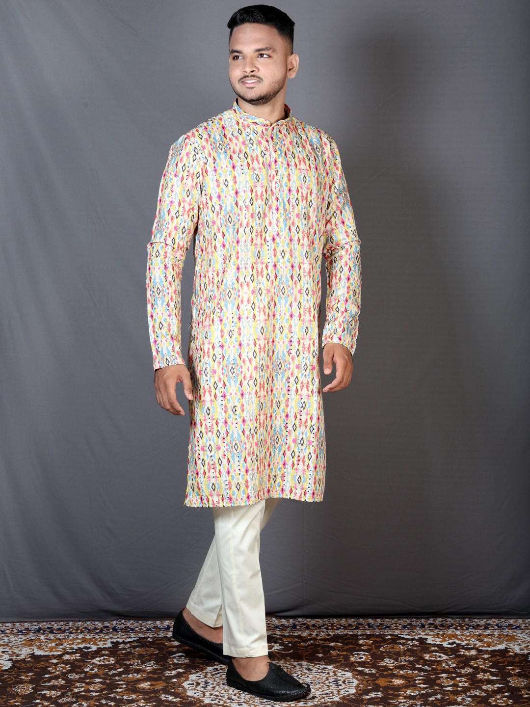 

KAFNII Ethnic Motifs Printed Band Collar Pure Cotton Straight Kurta, Off white