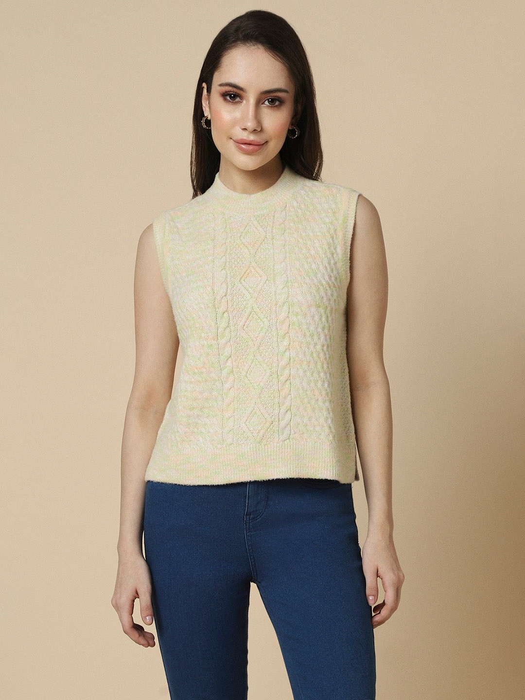 

Allen Solly Woman Cable Knit Round Neck Sleeveless Sweater Vest, Beige
