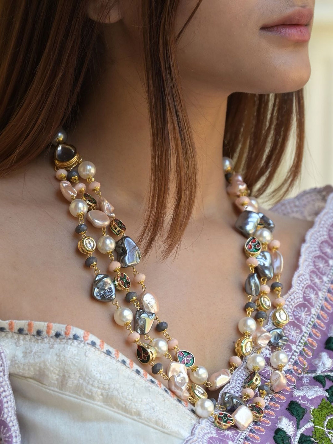 

ODETTE Gold-Plated Stones Studded & Pearls Beaded Layered Long Neaklace