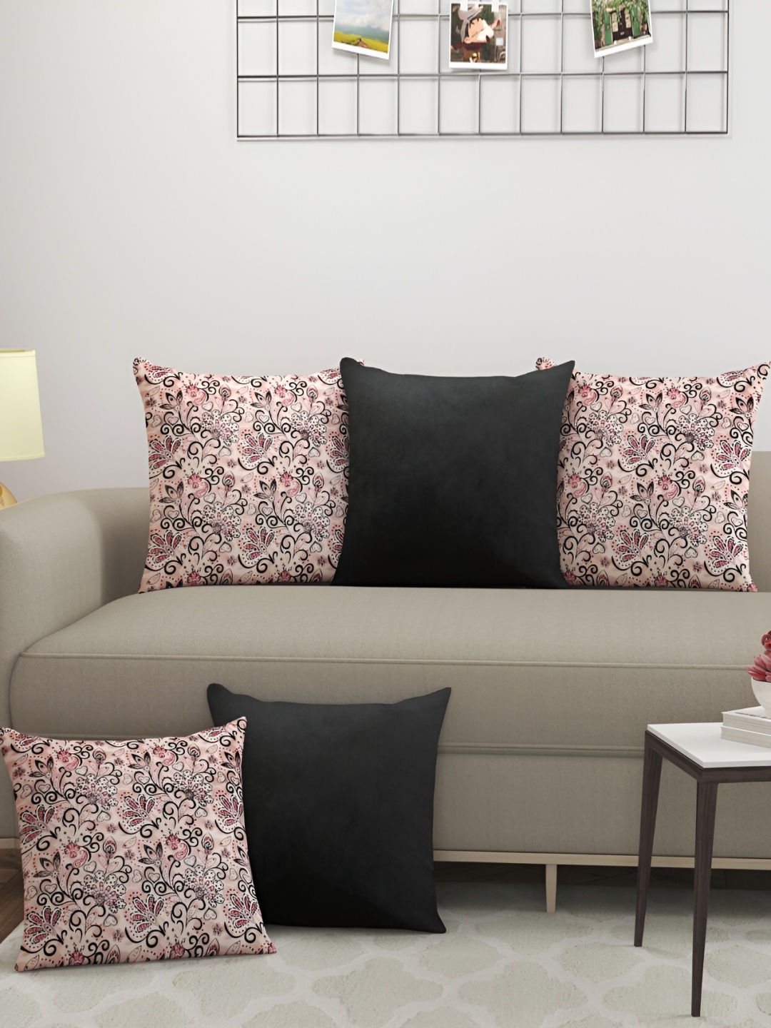 

BIGGER FISH Black Brown 5 Pieces Printed Square Cushion Covers, Multi