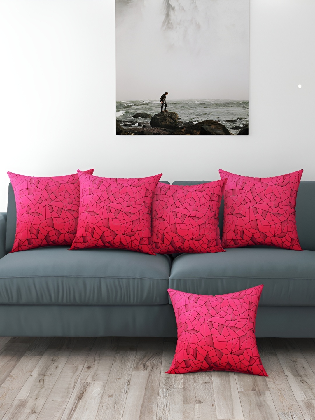 

BIGGER FISH Pink 5 Pieces Printed Square Cushion Covers