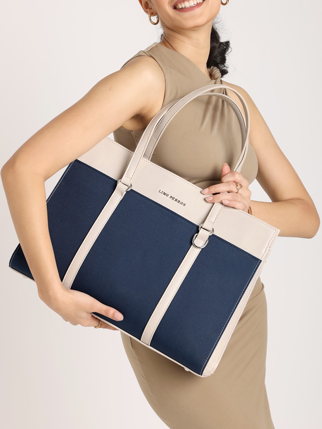 

Lino Perros Structured Colorblocked Shoulder Bag With Padded Laptop Sleeve, Navy blue